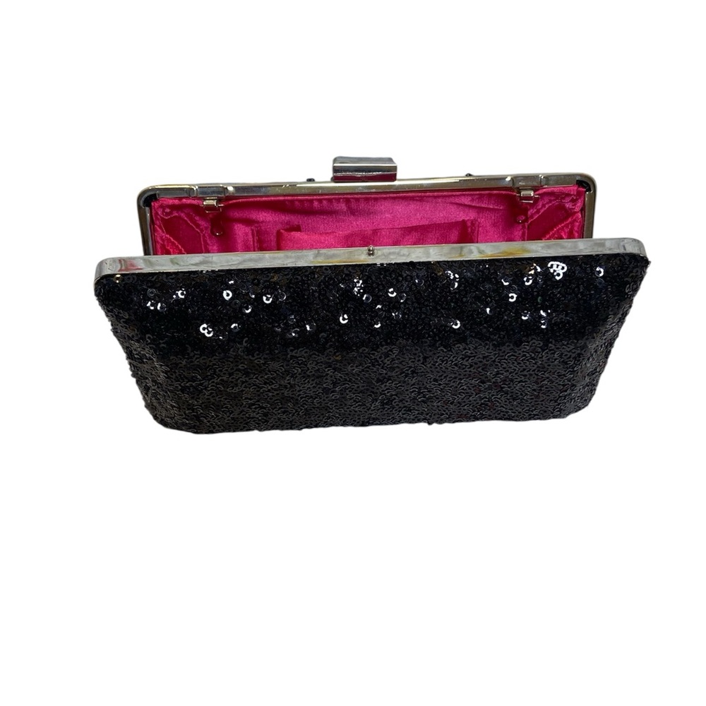 Elegant Black Sequin Clutch Pink Interior Snappy Closure Hardbody Purse Elegant